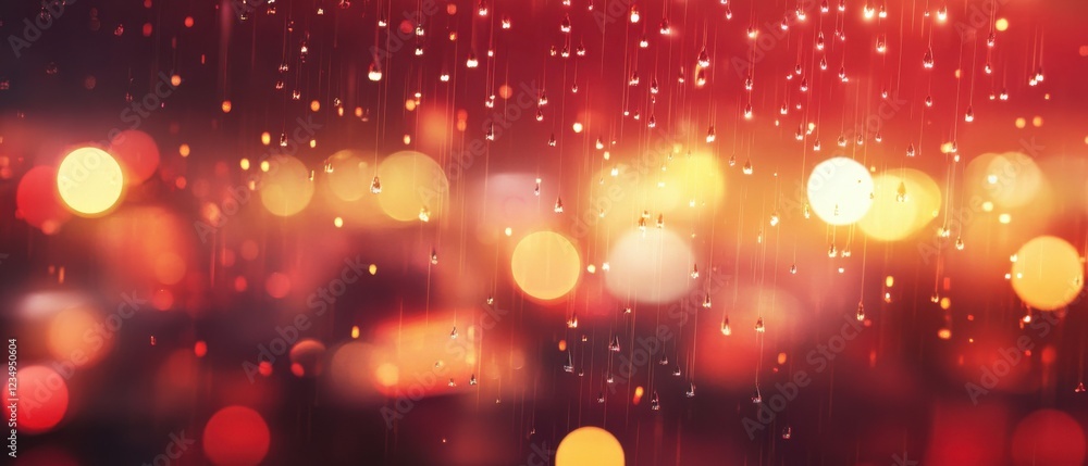 Poster abstract background of warm red and yellow bokeh lights with hanging water droplets, creating a drea