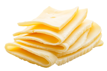 Stack of delicious cheese slices, close up.