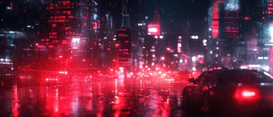 Obraz premium Rainy night in a futuristic cityscape with red neon lights reflecting on wet asphalt, cars driving through the rain in a cyberpunk urban scene