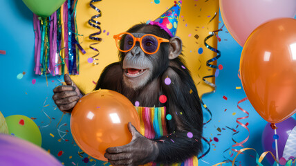 Chimpanzee celebrating a birthday with balloons and confetti.