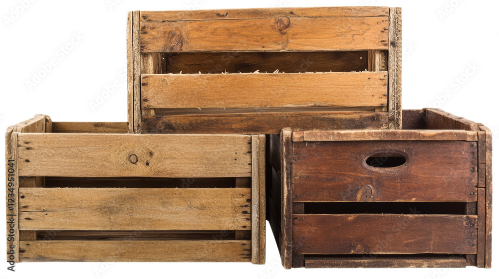 Poster three empty wooden crates isolated on transparent background