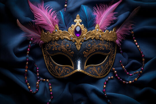 photo de masque de carnaval v&eacute;nitien, color&eacute;, avec paillettes, strass, sequins et perles, sur fond en tissu de satin, objet d&eacute;coratif, mardi gras, coutume, costume, festival, c&eacute;l&eacute;bration, traditionnel