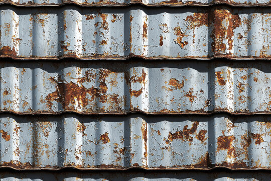 Weathered corrugated iron with rust and fading paint revealing years of exposure