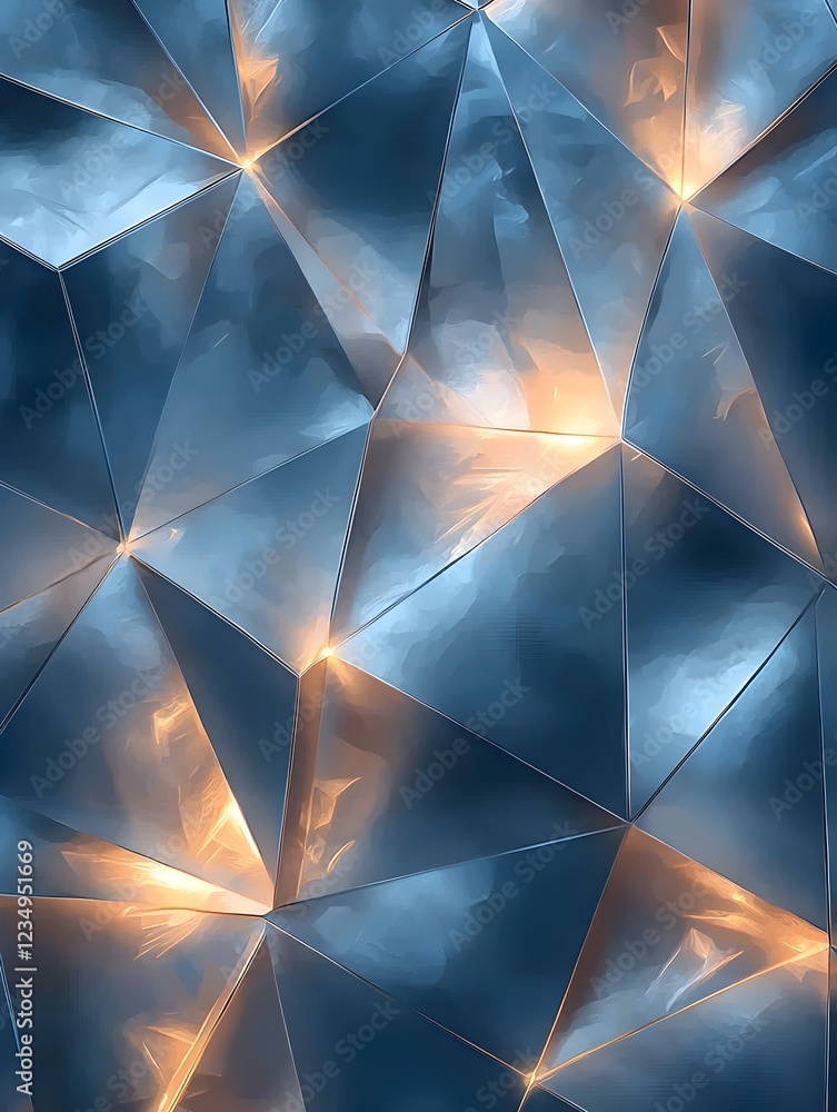 Poster a mesmerizing geometric pattern featuring metallic blue and gold tones, creating a dynamic and vibra