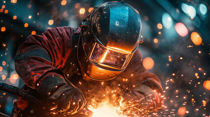 Industrial welder working with protective mask surrounded by bright sparks against dark background, showing metalwork craftsmanship in action