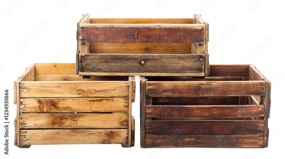 Poster three empty wooden crates stacked on transparent background