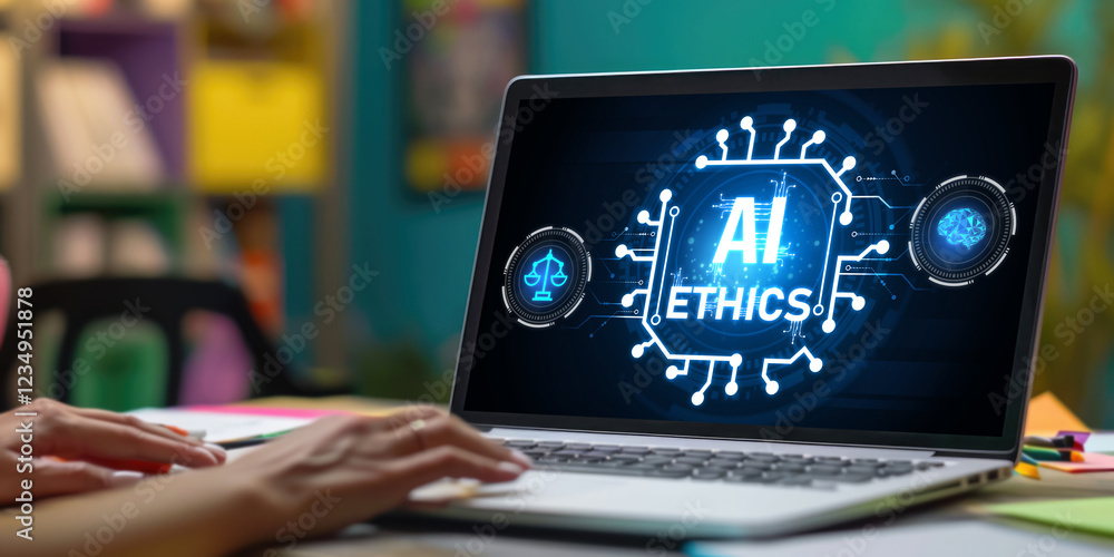 Poster ai ethics responsibility standard law and rules on computer screen provide report of ai ethic transp