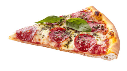 Delicious pepperoni pizza slice with basil on transparent background
