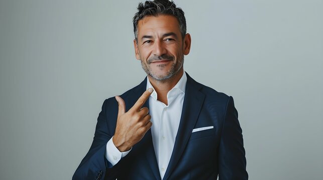 Confident man gestures towards himself in formal attire against a neutral background