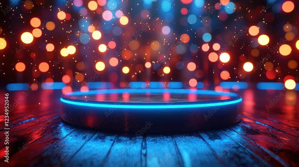 Poster illuminated circular platform with festive lights background