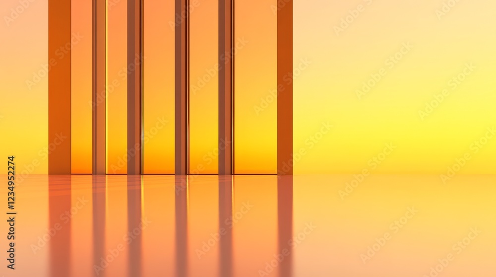 Poster abstract representation of vertical glass structures reflecting warm hues of a sunset in a serene se