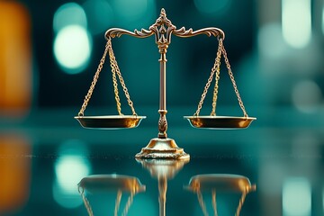 Elegant golden scales of justice on a reflective surface.