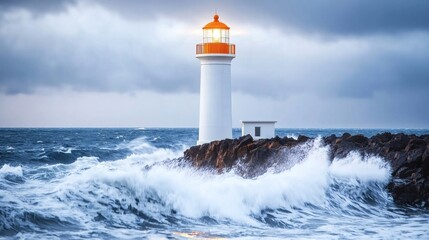 Obraz premium Lighthouse Beacon: Dramatic Coastal Scene in Moody Light