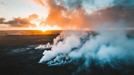 Obraz premium Volcanic Steam Rises At Sunset Over Dark Lava Field