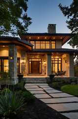 Luxury Modern Home Exterior at Night: Elegant Stone Architecture and Landscaping