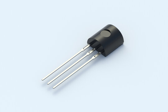 One transistor on light gray background. Electronic component. Part of electrical circuit. 3d render