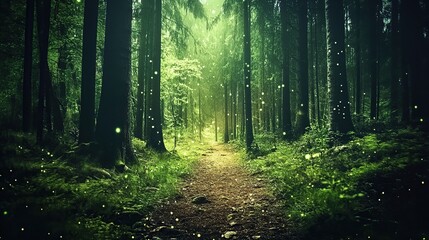 Obraz premium Enchanting forest path, fireflies glowing, mystical background, fantasy setting