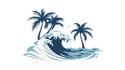 A stylized illustration depicts a large ocean wave crashing near two palm trees on a tropical beach.