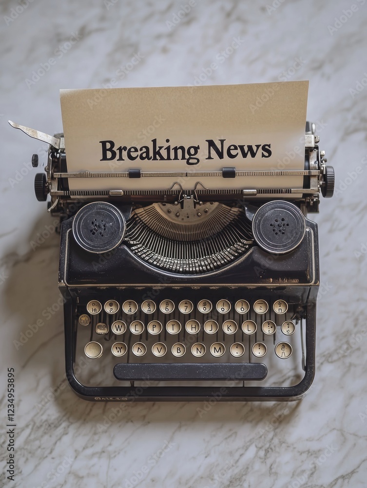 Poster vintage typewriter displays breaking news in bold letters on blank sheet of paper in classic design 