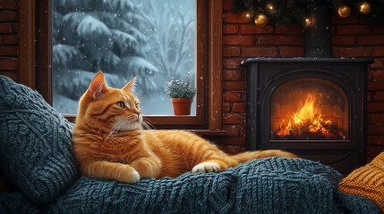 Ginger cat relaxing by window with fireplace on winter day, creating cozy home atmosphere with knitted blankets