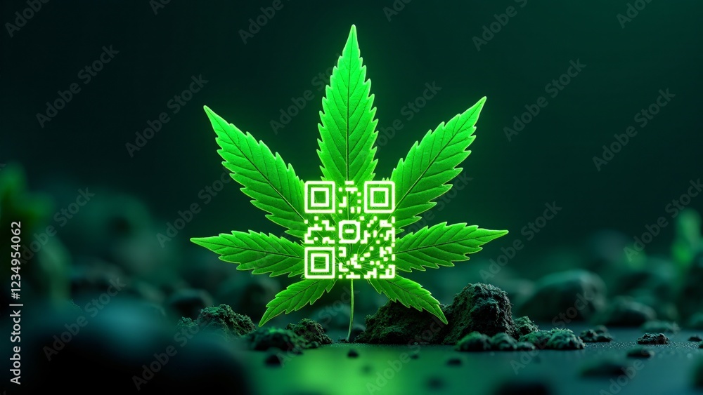 Poster a marijuana leaf designed as an nft, with a glowing qr code displayed on its surface. surrounded by 