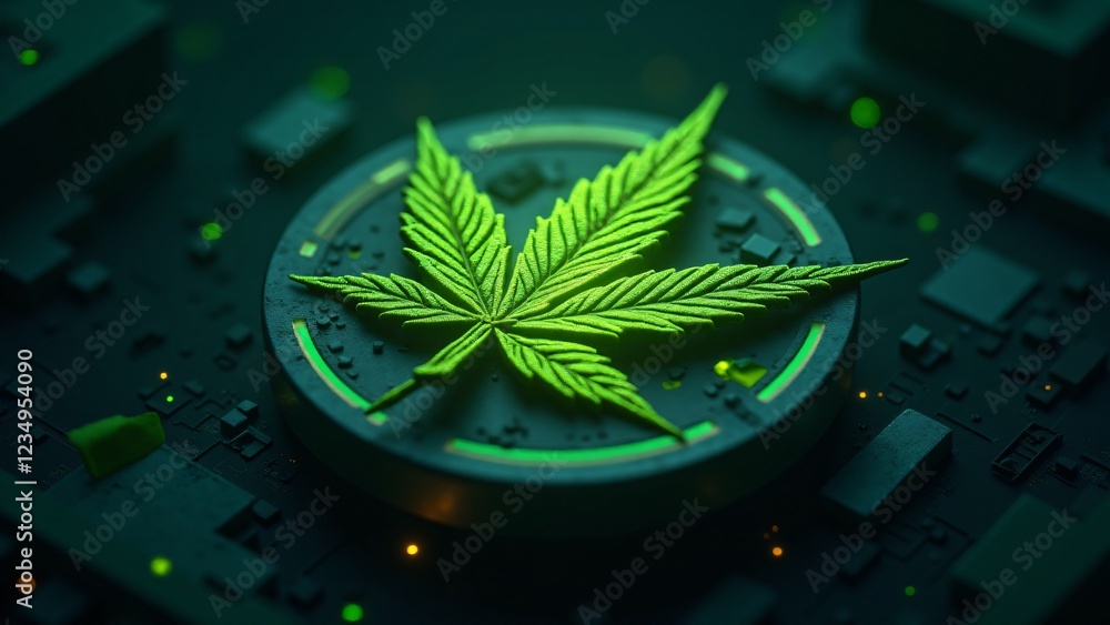 Poster a marijuana leaf designed as an nft, with a glowing qr code displayed on its surface. surrounded by 