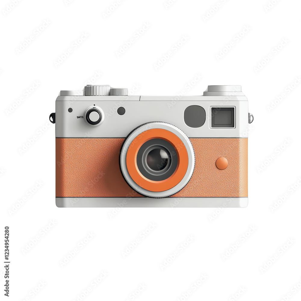 Aufkleber the image shows a digital rendering of a stylish retro camera with an orange and white color scheme.