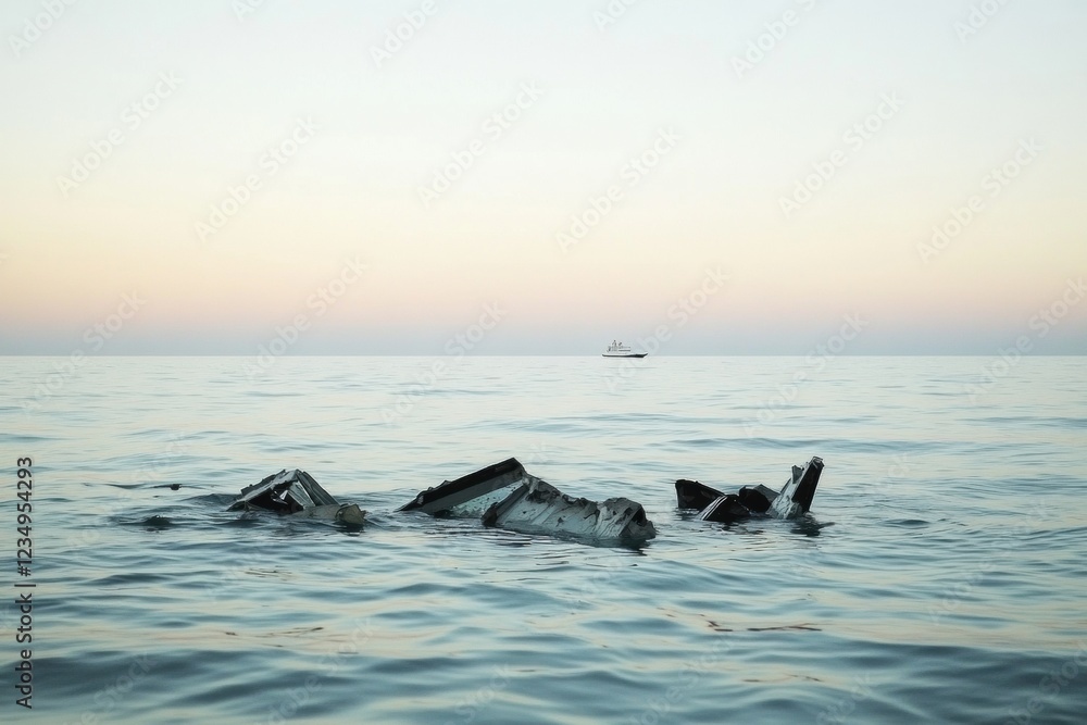 Poster broken airplane parts float serenely on a calm ocean under a pastel sky during twilight. generative 