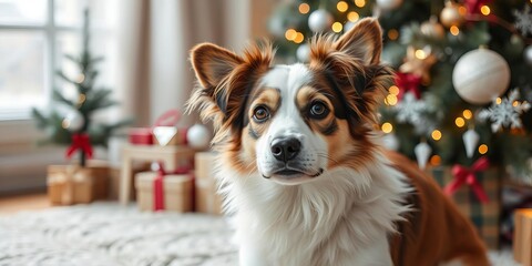 Cute dog in cozy Christmas home setting, with calming and funny mood, capturing a funny portrait of pets in a decorated indoor family atmosphere during the winter season, banner, winter, xmas