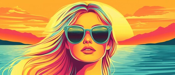 Blonde woman with sunglasses at sunset by the sea, vibrant colors and retro style illustration of a summer vacation concept