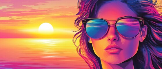 Woman with sunglasses at sunset, vibrant colors of the sky and sea reflecting in her lenses, concept of summer, vacation, and relaxation