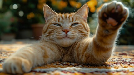 Orange cat paws up, garden background, pet photo