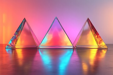 Three iridescent glass pyramids reflect vibrant light