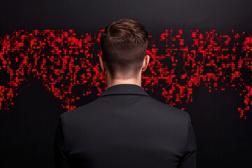 man in suit stands facing digital world map with red dots on black background, symbolizing global connectivity and data visualization