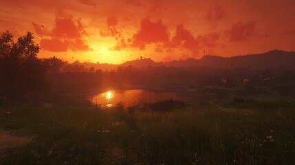 Obraz premium Serene Sunset Over a Distant Village Landscape