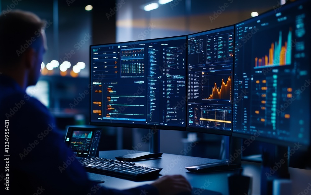 Poster professional working on multiple screen analyzing data trends and statistics in a modern office envi