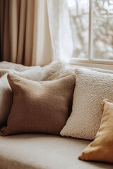 Close-up of a beige sofa with pillows in a modern minimalist living room.