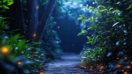Enchanted Forest Path: A Mystical Night Scene with Glowing Fireflies