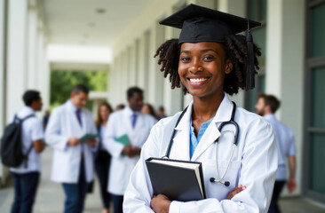 Graduation medical concept. Happy smiling famale doctor on university background. Young afroamerican woman in black graduation hat with tassel and medical robe