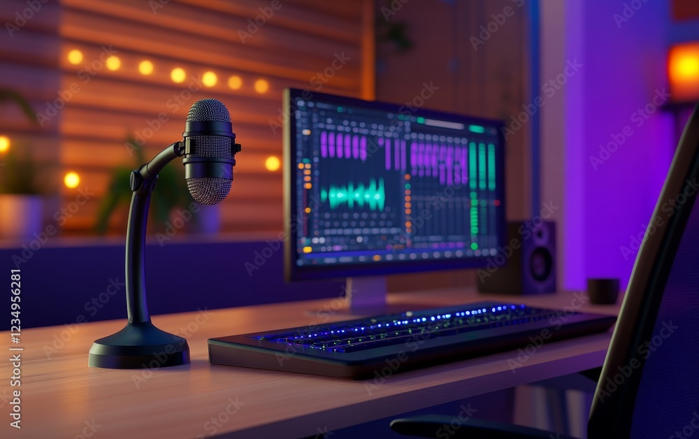 Poster modern home recording studio setup featuring a microphone and computer screen with audio editing sof