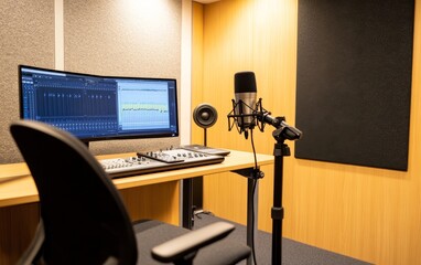 Professional audio recording studio setup featuring a microphone, computer, and sound equipment