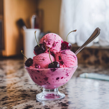 Pink berry ice cream scoops with dark berries are served in a clear dessert glass on a stone counter with a spoon creating a colorful refreshing treat with creamy texture and homemade appeal