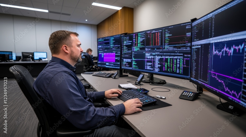 Poster professional trader analyzing stock market trends in a modern office with multiple screen displaying