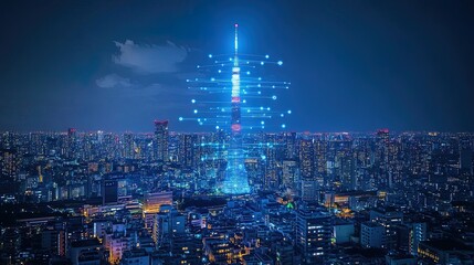 Obraz premium Futuristic city skyline illuminated with glowing network lines representing 5G connectivity, vibrant blue tones 