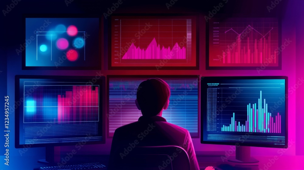Poster person analyzing data trends on multiple screen in a modern workspace with vibrant graphics