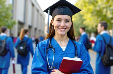 Graduation medical concept. Happy smiling famale doctor on university background. Young woman in black graduation hat with tassel and medical robe