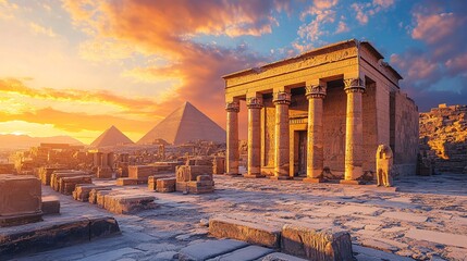 Obraz premium A stunning sunset illuminates ancient Egyptian pyramids and a temple, showcasing the beauty of historic architecture and landscape.