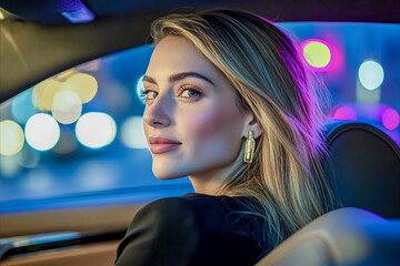 Fototapeta premium Elegant woman sitting in a car, wearing gold earrings, with colorful city lights and a stylish, confident expression.