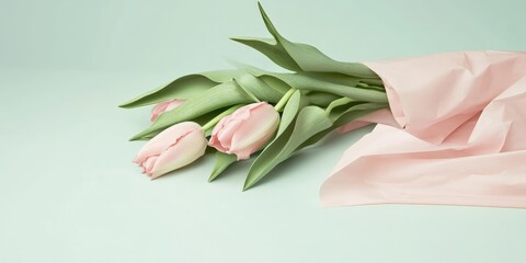 Obraz premium A bouquet of pink tulips is sitting on a green background. The flowers are arranged in a way that they are all facing the same direction, giving the impression of a cohesive and harmonious display