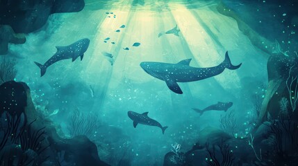 Fototapeta premium Whales and smaller fish swim in an underwater cavern